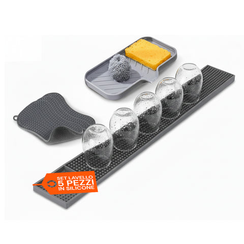 Set de cocina de silicona de 5 piezas - alfombrilla para fregadero y esponjas ultraabsorbentes