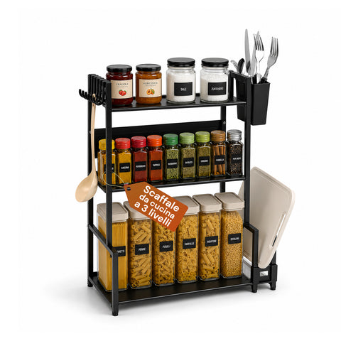 Estante de cocina de hierro de 3 niveles con soporte para utensilios y tabla de cortar