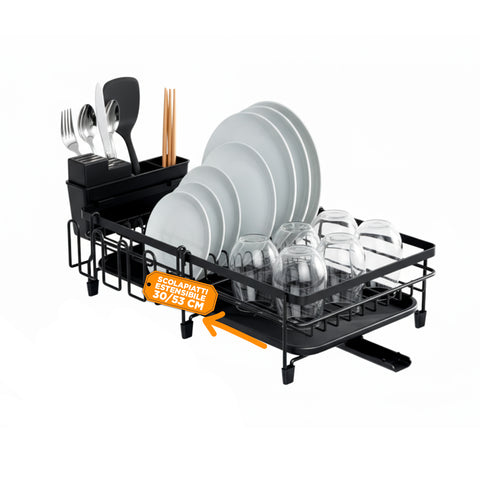Escurridor de platos modular que ahorra espacio con cubertero extensible de 30/53 cm