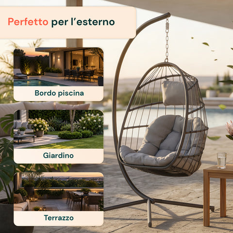 Poltrona Sospesa da Giardino Richiudibile con Cuscini Imbottiti in Acciaio Zincato e Effetto Rattan - Portata 160kg