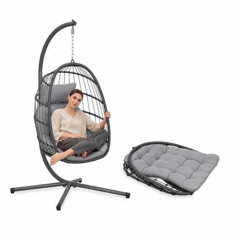 Sillón colgante de jardín plegable con cojines acolchados, de acero galvanizado y efecto ratán - capacidad de carga de 160kg