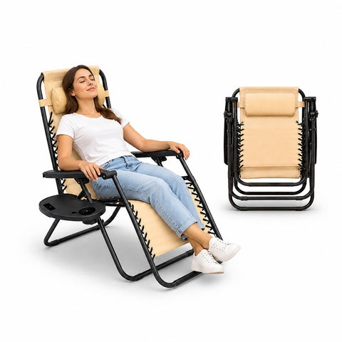 Silla de jardín plegable con bandeja lateral – Capacidad de carga 120kg – Estructura de hierro y tejido Teslin