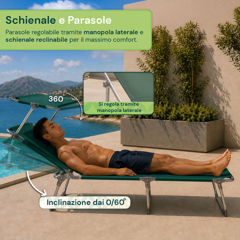 Tumbona plegable de tela Oxford – Refuerzos de aluminio, parasol giratorio 360° y respaldo reclinable 0-60° – Capacidad de carga de 100kg