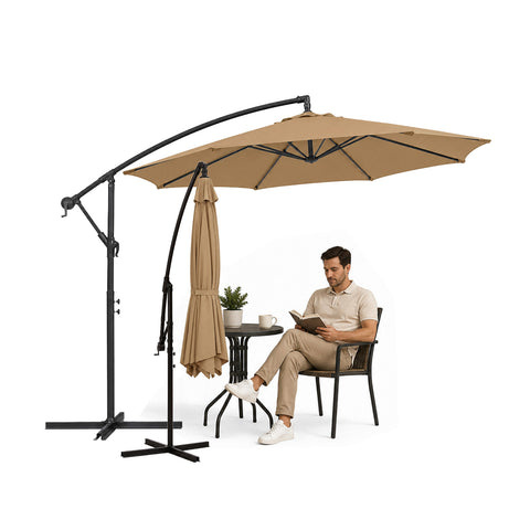 Sombrilla redonda Ø3m descentrada con brazo lateral de acero, manivela y poliéster impermeable de 180gr con protección UV para jardín y terraza