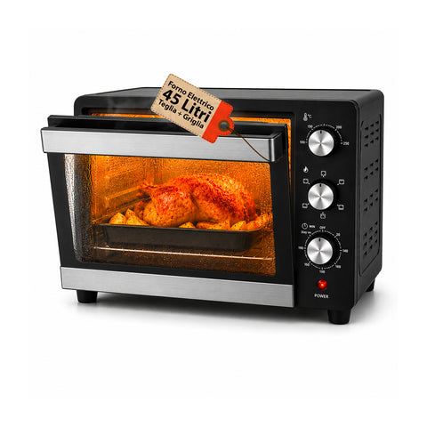 Horno eléctrico de sobremesa de 45 litros con ventilación, temporizador y doble cristal, 1800W, con accesorios