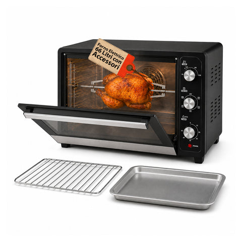 Horno eléctrico con ventilación de 66 litros, 2200 Watt, con asador giratorio y accesorios, 5 modos de cocción