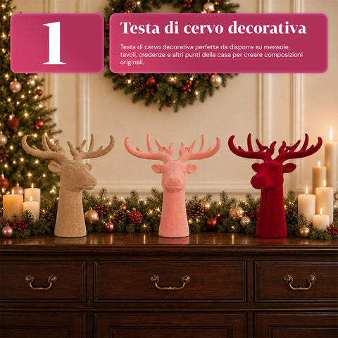 Cabeza de ciervo decorativa con efecto terciopelo de 32x20x28h cm | adorno de diseño moderno en 6 colores para casa, oficina y tienda