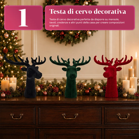 Cabeza de ciervo decorativa con efecto terciopelo de 32x20x28h cm | adorno de diseño moderno en 6 colores para casa, oficina y tienda