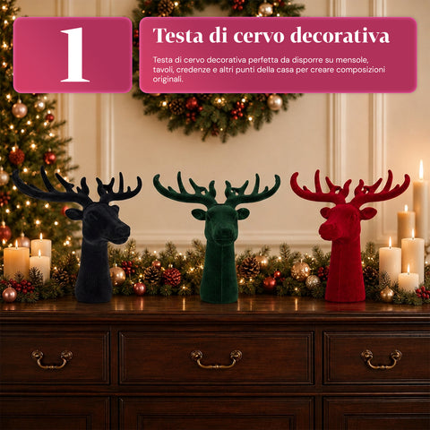 Cabeza de ciervo decorativa con efecto terciopelo de 32x20x28h cm | adorno de diseño moderno en 6 colores para casa, oficina y tienda