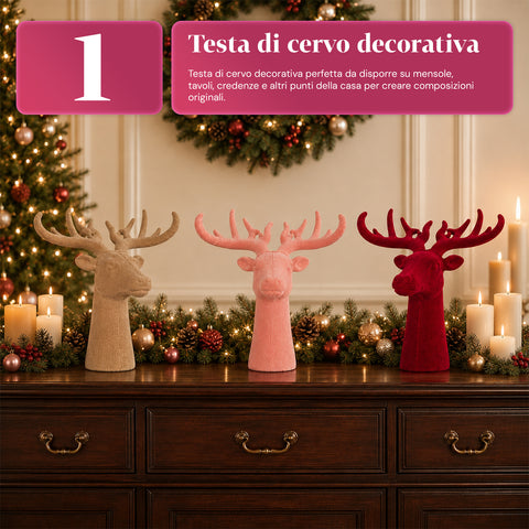 Cabeza de ciervo decorativa con efecto terciopelo de 32x20x28h cm | adorno de diseño moderno en 6 colores para casa, oficina y tienda