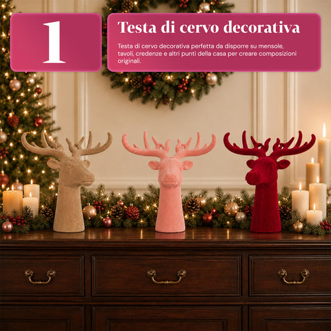 Cabeza de ciervo decorativa con efecto terciopelo de 32x20x28h cm | adorno de diseño moderno en 6 colores para casa, oficina y tienda