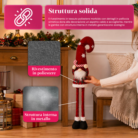 Gnomo navideño extensible de 80 cm con gorro rojo y copos de nieve - Adorno navideño de tejido de tartán con estructura ajustable