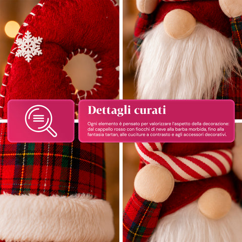 Gnomo navideño extensible de 80 cm con gorro rojo y copos de nieve - Adorno navideño de tejido de tartán con estructura ajustable