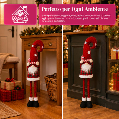 Gnomo navideño extensible de 80 cm con gorro rojo y copos de nieve - Adorno navideño de tejido de tartán con estructura ajustable