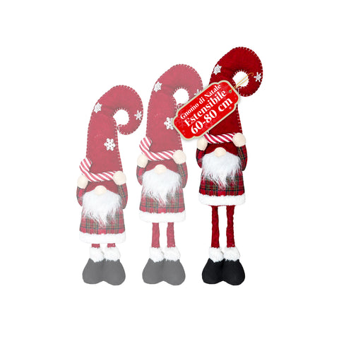 Gnomo navideño extensible de 80 cm con gorro rojo y copos de nieve - Adorno navideño de tejido de tartán con estructura ajustable