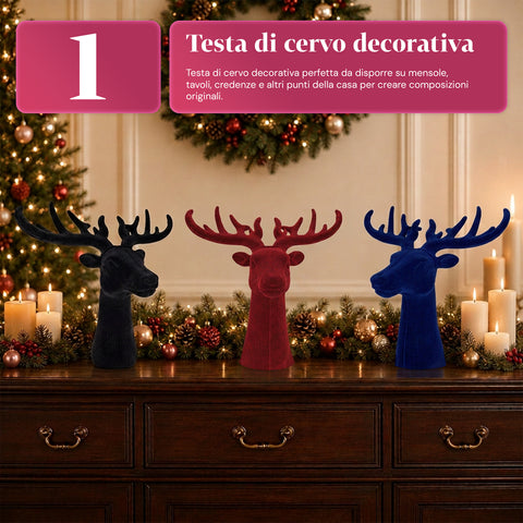 Cabeza de ciervo decorativa con efecto terciopelo de 32x20x28h cm | adorno de diseño moderno en 6 colores para casa, oficina y tienda