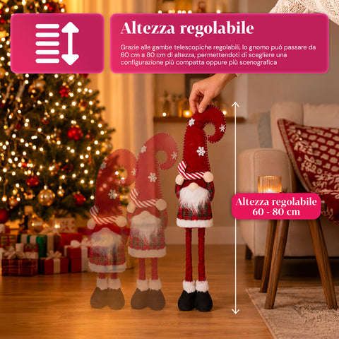 Gnomo navideño extensible de 80 cm con gorro rojo y copos de nieve - Adorno navideño de tejido de tartán con estructura ajustable