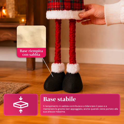 Gnomo navideño extensible de 80 cm con gorro rojo y copos de nieve - Adorno navideño de tejido de tartán con estructura ajustable