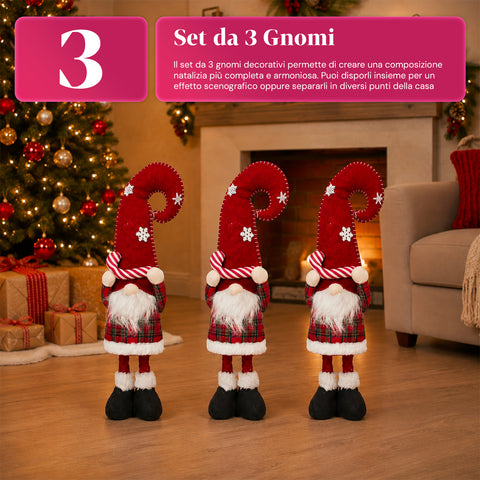 Gnomo navideño extensible de 80 cm con gorro rojo y copos de nieve - Adorno navideño de tejido de tartán con estructura ajustable