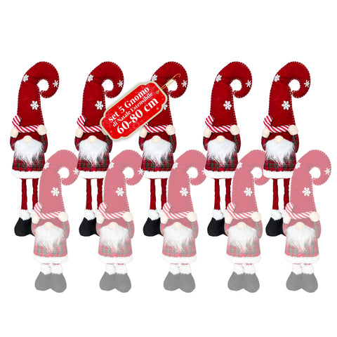 Gnomo navideño extensible de 80 cm con gorro rojo y copos de nieve - Adorno navideño de tejido de tartán con estructura ajustable