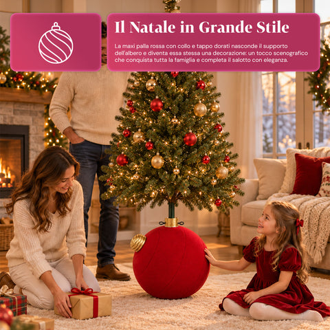 Base para árbol de Navidad con bola gigante y efecto terciopelo de 41x41x44 cm para árboles de hasta 180 cm - Cubr​​ebase con enganche Ø 4 cm, rojo burdeos y verde