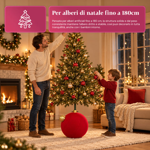 Base para árbol de Navidad con bola gigante y efecto terciopelo de 41x41x44 cm para árboles de hasta 180 cm - Cubr​​ebase con enganche Ø 4 cm, rojo burdeos y verde