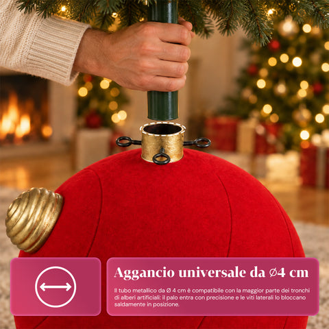 Base para árbol de Navidad con bola gigante y efecto terciopelo de 41x41x44 cm para árboles de hasta 180 cm - Cubr​​ebase con enganche Ø 4 cm, rojo burdeos y verde
