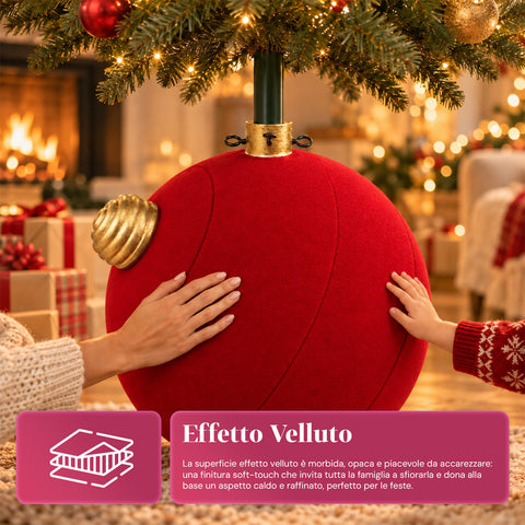 Base para árbol de Navidad con bola gigante y efecto terciopelo de 41x41x44 cm para árboles de hasta 180 cm - Cubr​​ebase con enganche Ø 4 cm, rojo burdeos y verde