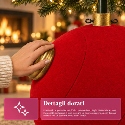 Base para árbol de Navidad con bola gigante y efecto terciopelo de 41x41x44 cm para árboles de hasta 180 cm - Cubr​​ebase con enganche Ø 4 cm, rojo burdeos y verde