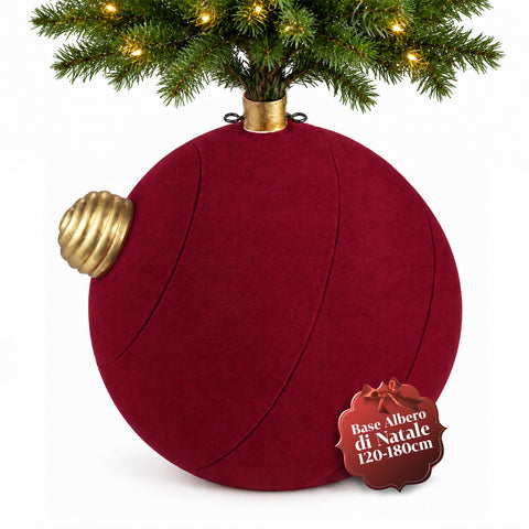 Base para árbol de Navidad con bola gigante y efecto terciopelo de 41x41x44 cm para árboles de hasta 180 cm - Cubr​​ebase con enganche Ø 4 cm, rojo burdeos y verde