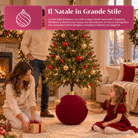 Base para árbol de Navidad con bola gigante y efecto terciopelo de 41x41x44 cm para árboles de hasta 180 cm - Cubr​​ebase con enganche Ø 4 cm, rojo burdeos y verde