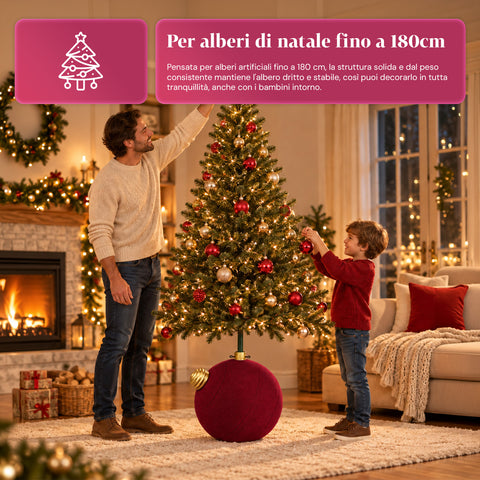 Base para árbol de Navidad con bola gigante y efecto terciopelo de 41x41x44 cm para árboles de hasta 180 cm - Cubr​​ebase con enganche Ø 4 cm, rojo burdeos y verde