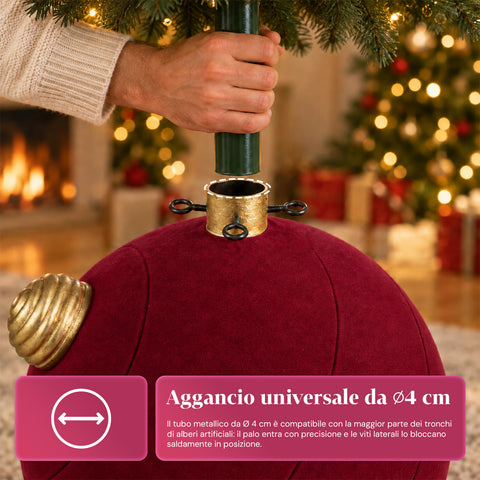 Base para árbol de Navidad con bola gigante y efecto terciopelo de 41x41x44 cm para árboles de hasta 180 cm - Cubr​​ebase con enganche Ø 4 cm, rojo burdeos y verde