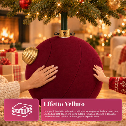 Base para árbol de Navidad con bola gigante y efecto terciopelo de 41x41x44 cm para árboles de hasta 180 cm - Cubr​​ebase con enganche Ø 4 cm, rojo burdeos y verde