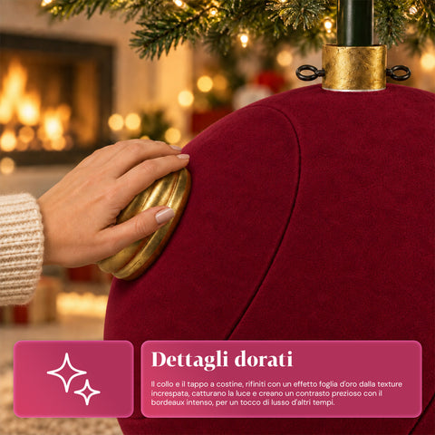 Base para árbol de Navidad con bola gigante y efecto terciopelo de 41x41x44 cm para árboles de hasta 180 cm - Cubr​​ebase con enganche Ø 4 cm, rojo burdeos y verde