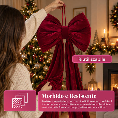 Lazo grande de terciopelo rojo de 190 cm - Adorno acolchado con gancho, decoración para puertas, árboles e interiores