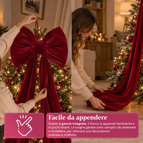 Lazo grande de terciopelo rojo de 190 cm - Adorno acolchado con gancho, decoración para puertas, árboles e interiores