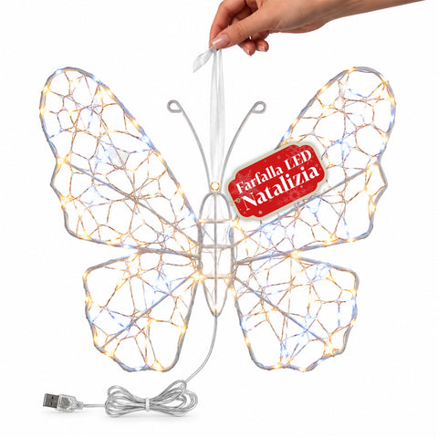 Mariposa luminosa LED blanca de 50x40 cm - Lámpara decorativa de hierro con hilo dorado, luces blancas cálidas y frías, alimentación USB y gancho