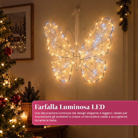 Mariposa luminosa LED blanca de 50x40 cm - Lámpara decorativa de hierro con hilo dorado, luces blancas cálidas y frías, alimentación USB y gancho