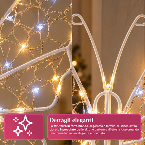 Mariposa luminosa LED blanca de 50x40 cm - Lámpara decorativa de hierro con hilo dorado, luces blancas cálidas y frías, alimentación USB y gancho