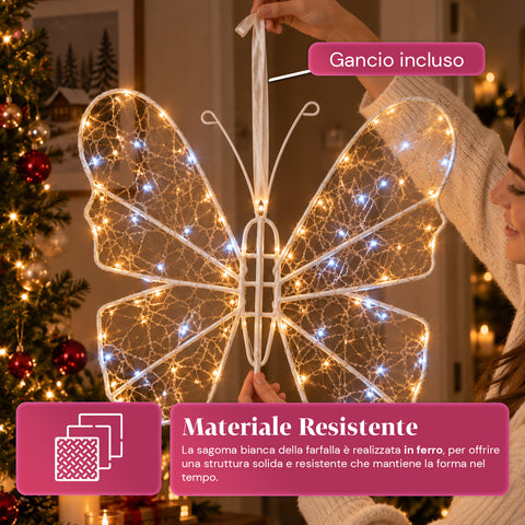 Mariposa luminosa LED blanca de 50x40 cm - Lámpara decorativa de hierro con hilo dorado, luces blancas cálidas y frías, alimentación USB y gancho