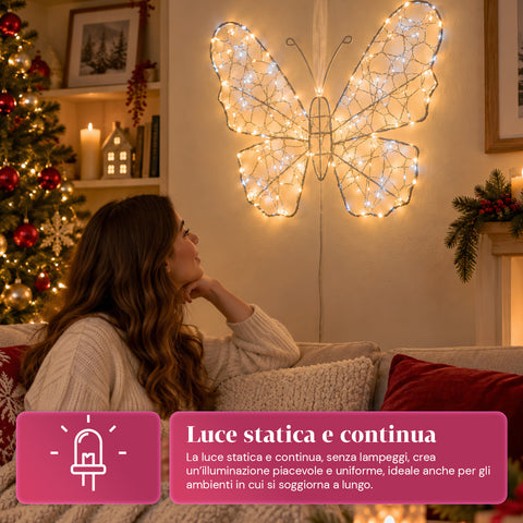 Mariposa luminosa LED blanca de 50x40 cm - Lámpara decorativa de hierro con hilo dorado, luces blancas cálidas y frías, alimentación USB y gancho