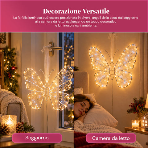 Mariposa luminosa LED blanca de 50x40 cm - Lámpara decorativa de hierro con hilo dorado, luces blancas cálidas y frías, alimentación USB y gancho