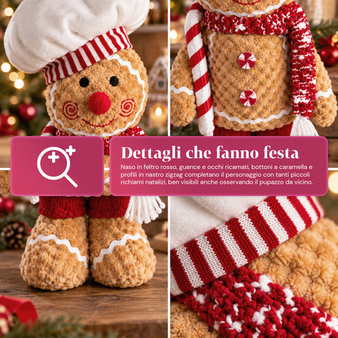 Muñeco Ginger de pan de jengibre de peluche de 30 y 40 cm - decoración navideña con gorro de chef o gorro navideño
