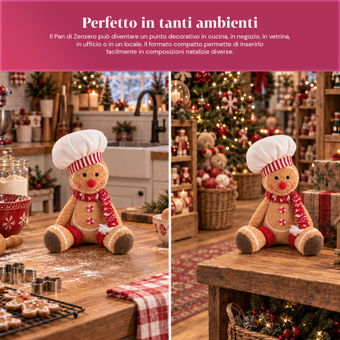 Muñeco Ginger de pan de jengibre de peluche de 30 y 40 cm - decoración navideña con gorro de chef o gorro navideño