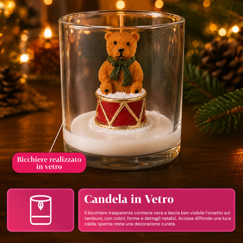 Candela Natalizia in Bicchiere di Vetro 7 cm - Orsetto con Cappello di Babbo Natale o Orso sul Tamburo - Decorazione e Centrotavola
