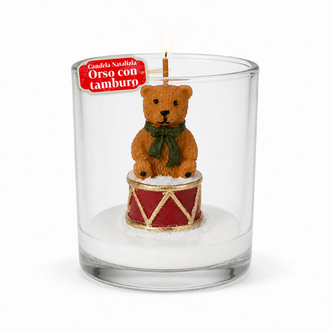 Vela navideña en vaso de vidrio de 7 cm - osito con gorro de Papá Noel u oso con tambor - decoración y centro de mesa