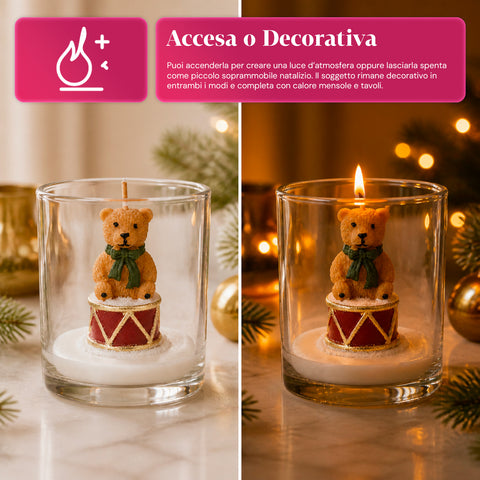 Candela Natalizia in Bicchiere di Vetro 7 cm - Orsetto con Cappello di Babbo Natale o Orso sul Tamburo - Decorazione e Centrotavola