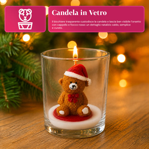Candela Natalizia in Bicchiere di Vetro 7 cm - Orsetto con Cappello di Babbo Natale o Orso sul Tamburo - Decorazione e Centrotavola