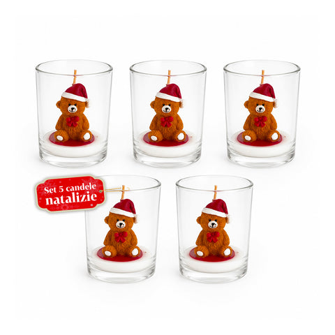 Candela Natalizia in Bicchiere di Vetro 7 cm - Orsetto con Cappello di Babbo Natale o Orso sul Tamburo - Decorazione e Centrotavola